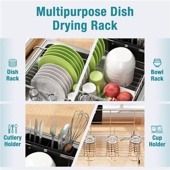 Expandable Over Sink Dish Drying Rack Stainless Steel with Utensil Holder Silver - Picture 4 of 7